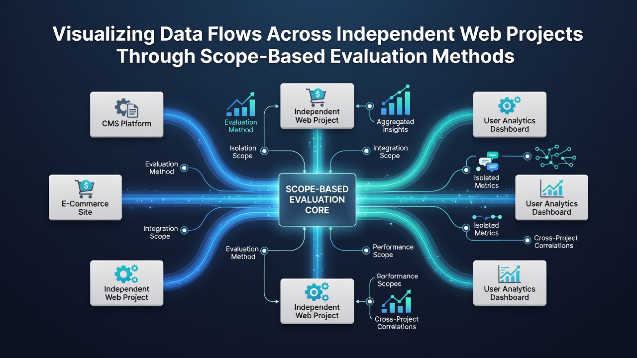 Screenshot of a scope-based evaluation dashboard displaying interconnected data flows between separate web projects